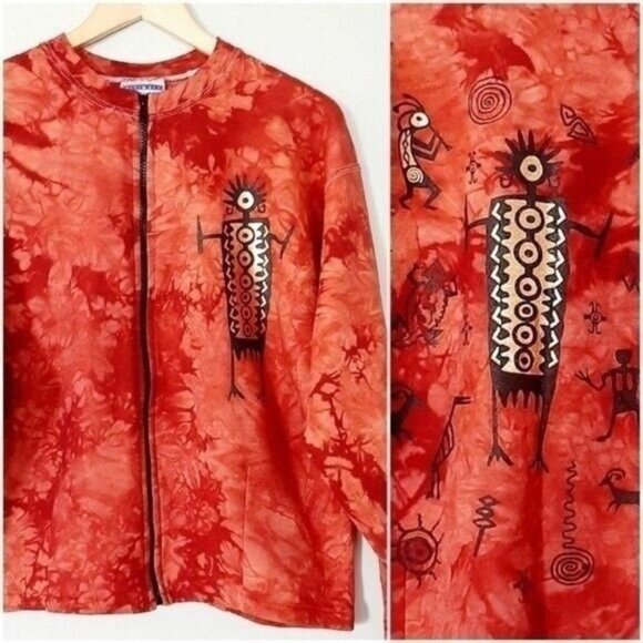 Kokopelli Tie-dye Sweatshirt Full-zip Jacket w/ Tribal print Sz M - Picture 1 of 10